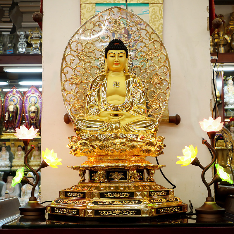 台湾鎏金寺院摆件供奉镇宅三宝佛