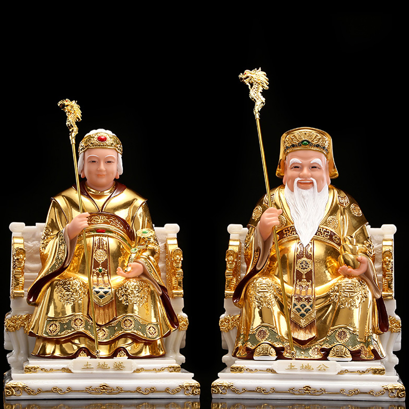 汉白玉贴金土地公土地婆神像招财摆件福德正神像门口土地爷土地奶