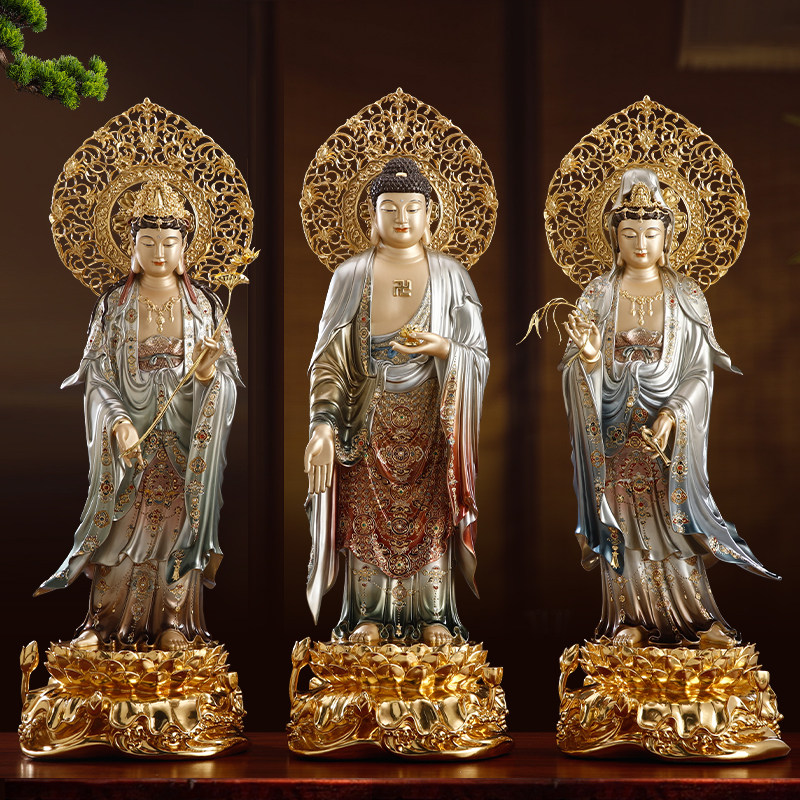 纯铜彩绘西方三圣铜像阿弥陀佛像
