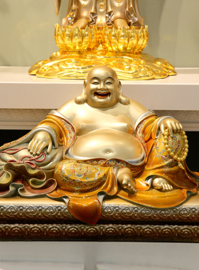全铜珐琅镶金笑佛摆件拿佛珠弥勒佛菩萨客厅供奉大肚开口笑佛招财