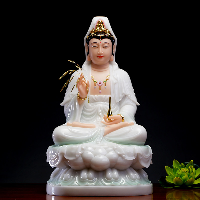 汉白玉坐莲观音佛像客厅装饰品
