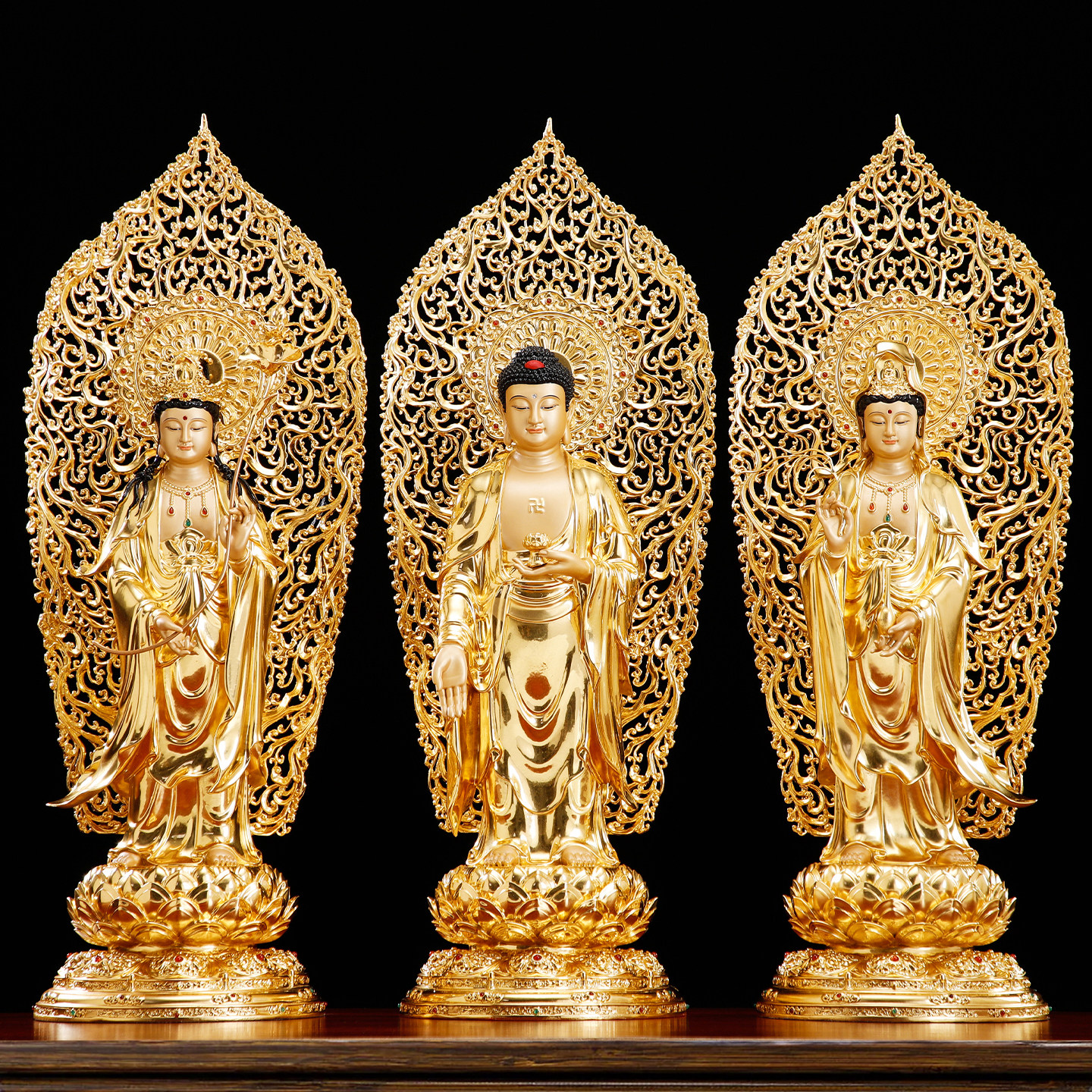 台湾贴金西方三圣纯铜观音佛像带背光阿弥陀佛铜像大势至菩萨摆件