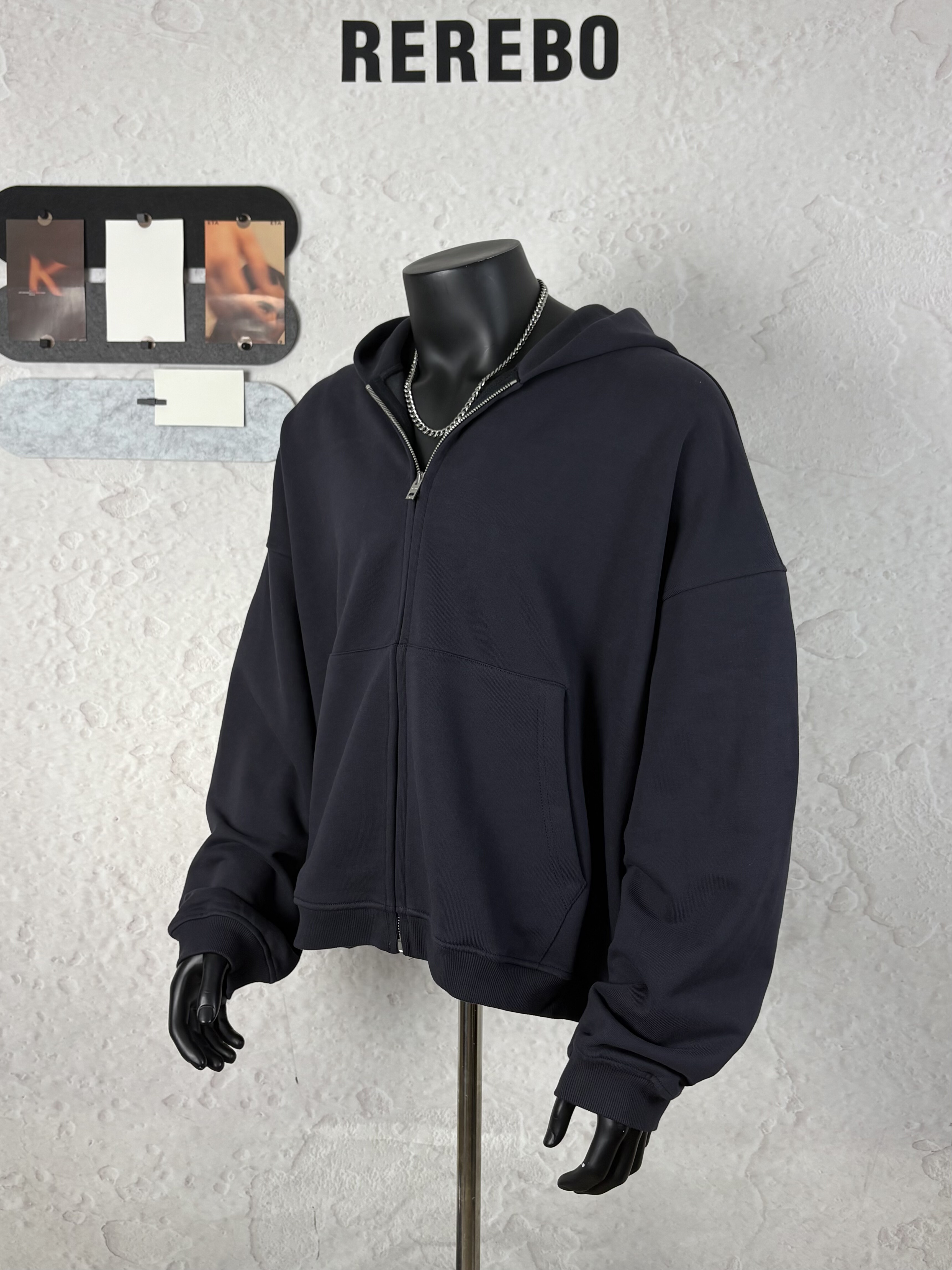 REREBO极简多色廓形500g重磅空气层开衫卫衣男挺括短宽款连帽外套