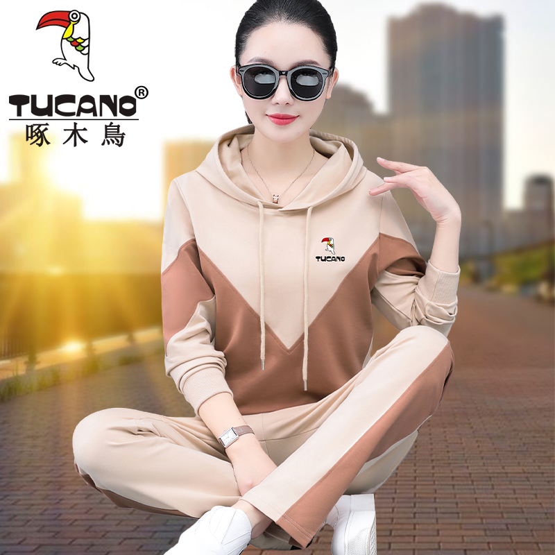 啄木鸟正品运动套装女春秋2025新款中年妈妈连帽休闲跑步服两件套