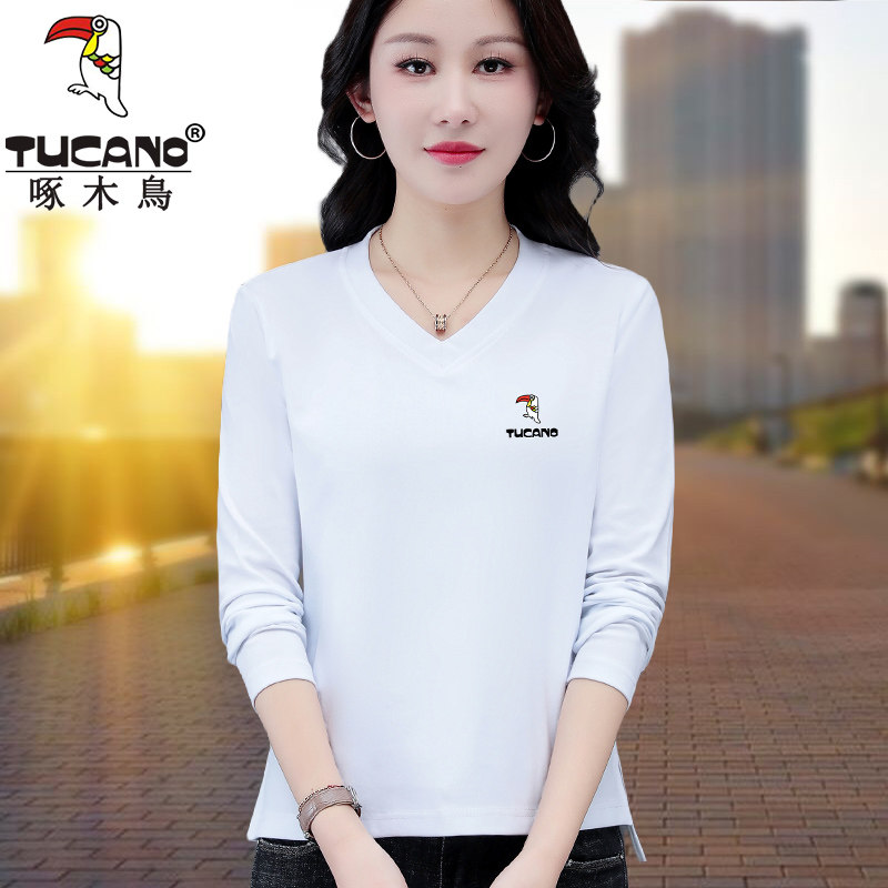 啄木鸟纯棉休闲长袖t恤女春秋2026年新款时尚妈妈装V领打底衫上衣