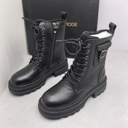 SATURDAYMODE撤柜断码秋季真皮厚底系带马丁靴休闲系带圆头女短靴