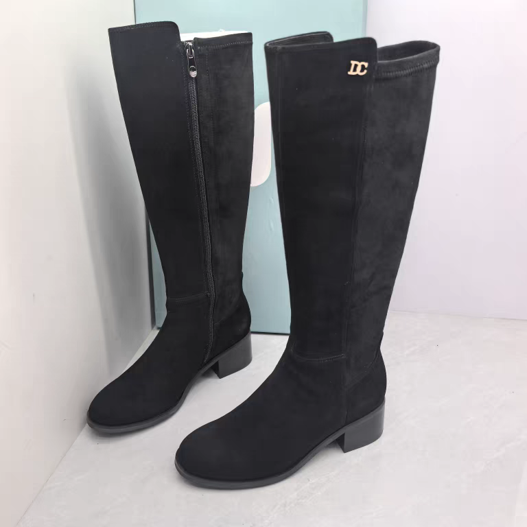 Comely康莉断码撤柜秋季真皮粗跟高筒弹力靴侧拉链时尚圆头长靴女