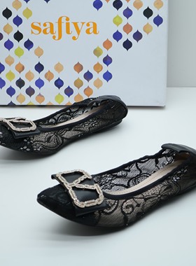 Safiya/索菲娅撤柜断码春季网纱平底浅口尖头方扣一脚蹬女单鞋潮