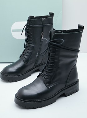 Comely康莉断码撤柜秋真皮厚底中筒加绒骑士靴侧拉链圆头马丁靴女