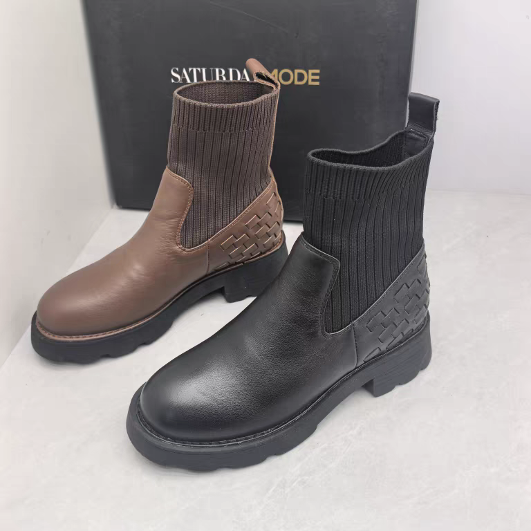 SATURDAYMODE撤柜断码秋真皮编织瘦瘦靴厚底弹力短靴英伦风袜靴女
