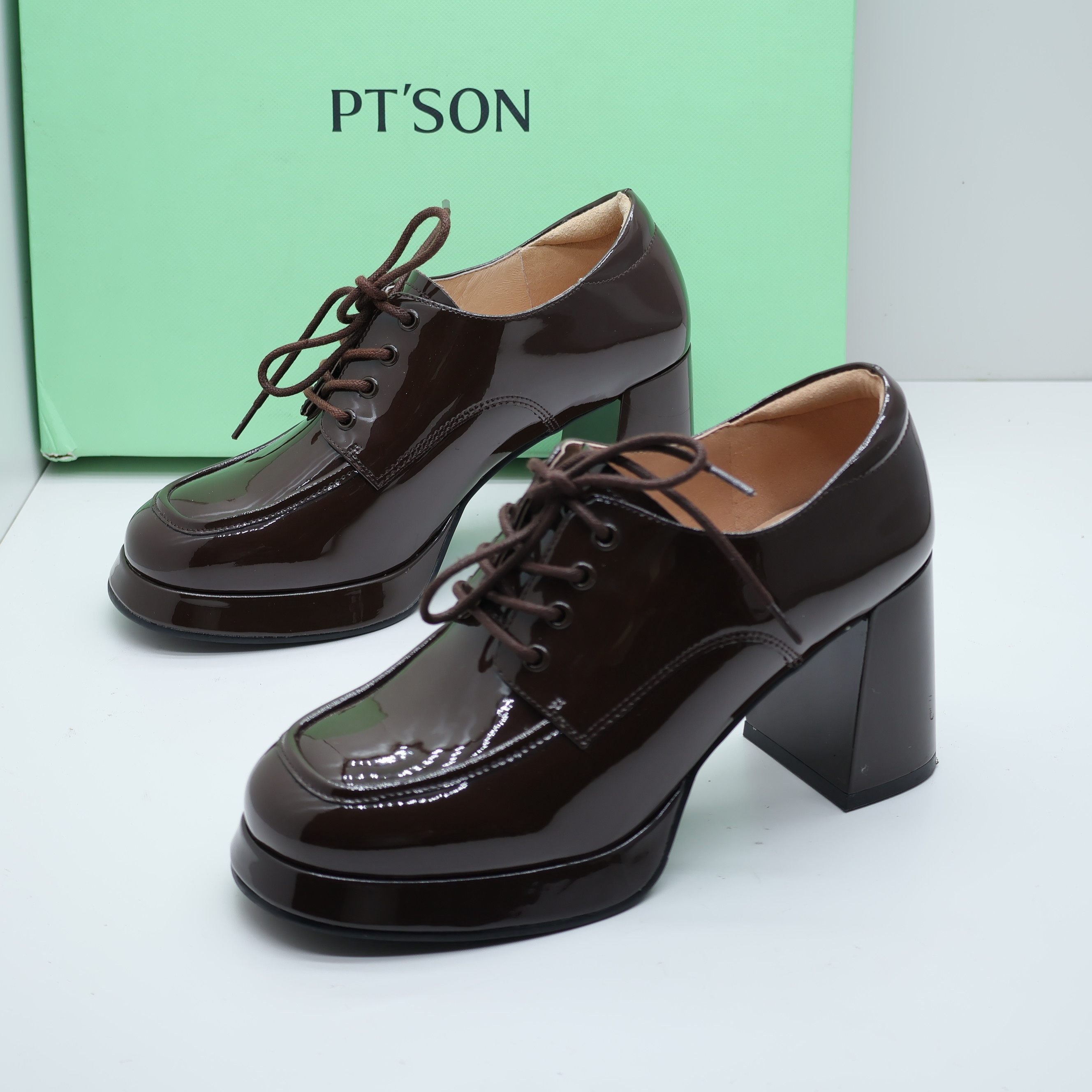 百田森撤柜断码春秋季漆皮粗高跟方头防水台乐福鞋通勤系带女单鞋,女鞋,深口单鞋,淘宝优惠券,粉丝福利购,淘宝优惠卷