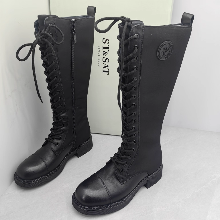 星期六撤柜断码秋季真皮系带低跟圆头长筒过膝靴女弹力拉链骑士靴,女鞋,骑士靴,淘宝优惠券,粉丝福利购,淘宝优惠卷