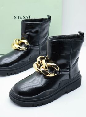 星期六断码撤柜秋冬季漆皮链条羊毛圆头休闲套筒厚底保暖雪地靴女
