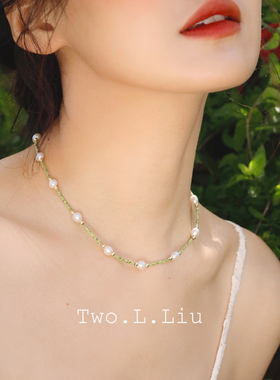 Two.L.Liu绿色珍珠项链女ins个性小清新锁骨链2025新款夏日闺蜜礼