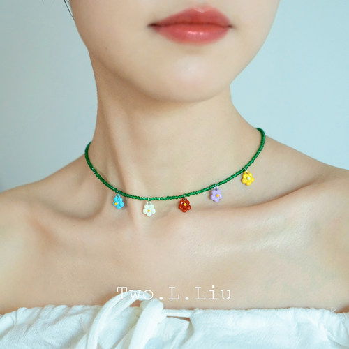 彩色花朵串珠项链女多巴胺