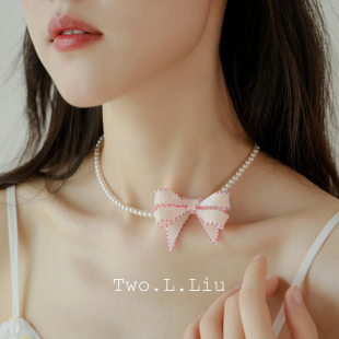 Two.L.Liu花间絮语系列粉色蝴蝶结项链女珍珠锁骨链原创设计颈链