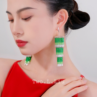 Two.L.Liu东方绮梦系列原创蓝绿色流苏耳饰女新中式 高级夸张耳环