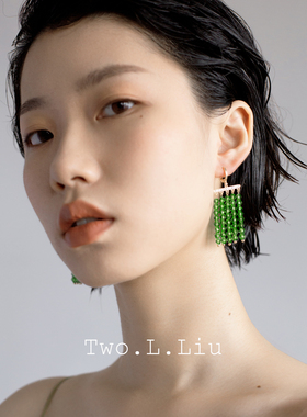 Two.L.Liu绿色流苏气质耳环女复古高级时尚镀K金锆石耳坠耳夹耳圈