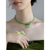 简约设计感小清新短款 Two.L.Liu 绿色蝴蝶结项链锁骨链个性 颈链女