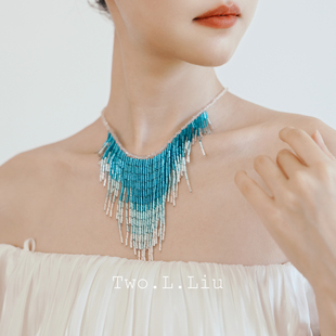 Two.L.Liu只此青绿新中式 系列原创高级蓝色流苏项链气质轻奢饰品