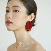 Two.L.Liu原创设计红色流苏耳环女安克拉红秋冬夸张耳夹手工耳饰