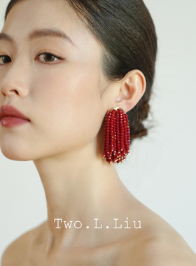 Two.L.Liu原创设计红色流苏耳环女安克拉红秋冬夸张耳夹手工耳饰