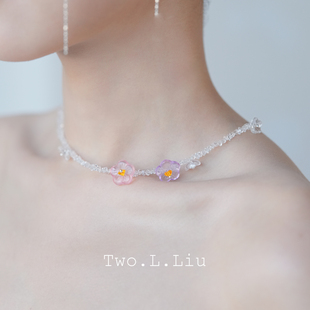 Two.L.Liu樱花物语系列原创设计粉紫色项链女花朵春夏气质锁骨链