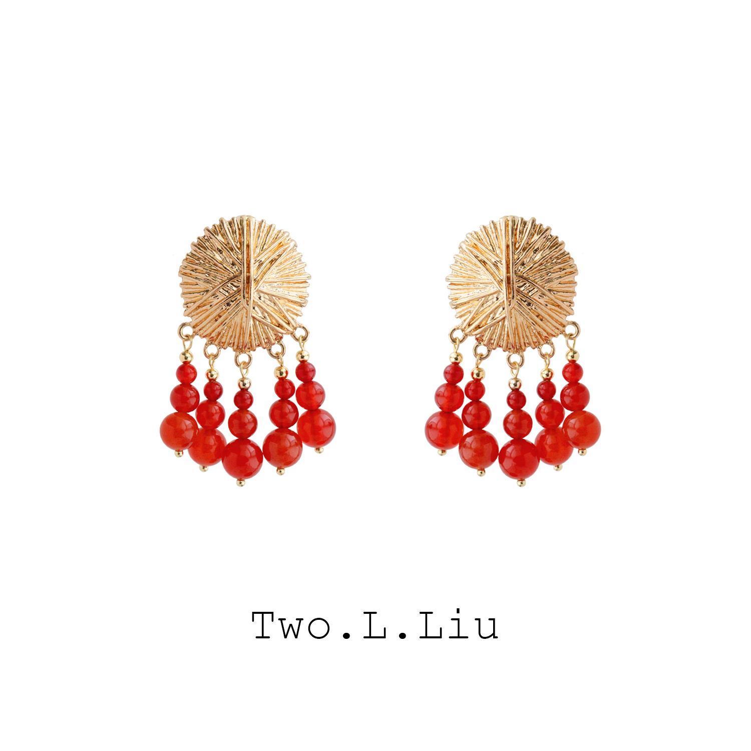 法式复古红玛瑙吊坠耳环