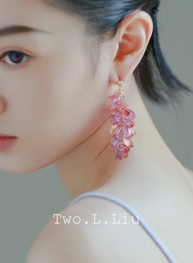 Two.L.Liu 粉紫色耳环女流苏花瓣琉璃耳夹复古新中式个性气质耳饰