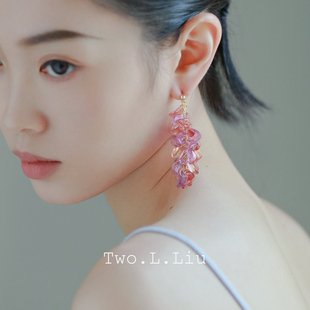 气质耳饰 个性 Two.L.Liu 粉紫色耳环女流苏花瓣琉璃耳夹复古新中式