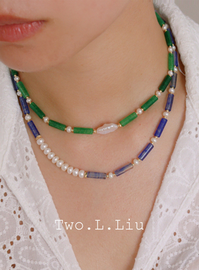 twolliu studio复古新中式蓝色天然石项链女玉色珍珠个性潮锁骨链