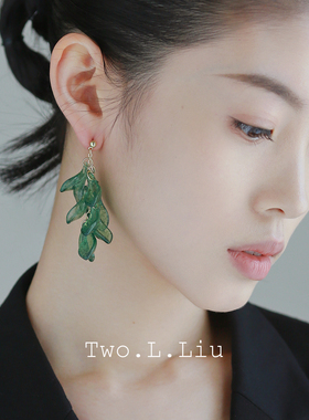 Two.L.Liu 绿色复古耳环新中式琉璃流苏花瓣耳针2025新款耳饰耳夹