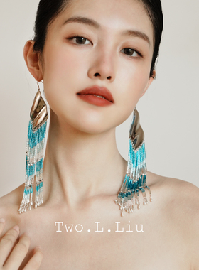 Two.L.Liu只此青绿新中式系列蓝色长流苏耳环重手工原创气质耳饰