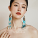 Two.L.Liu只此青绿新中式 系列蓝色长流苏耳环重手工原创气质耳饰