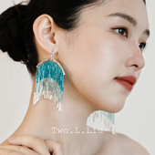Two.L.Liu只此青绿新中式 系列蓝色流苏耳环原创设计夸张高级耳饰