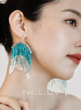 Two.L.Liu只此青绿新中式系列蓝色流苏耳环原创设计夸张高级耳饰