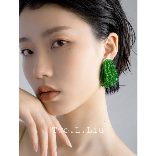 复古绿色女手工流苏耳环