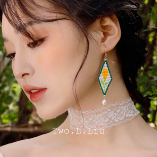 Two.L.Liu郁金香花朵耳环女超仙复古气质小众手工串珠重工耳饰