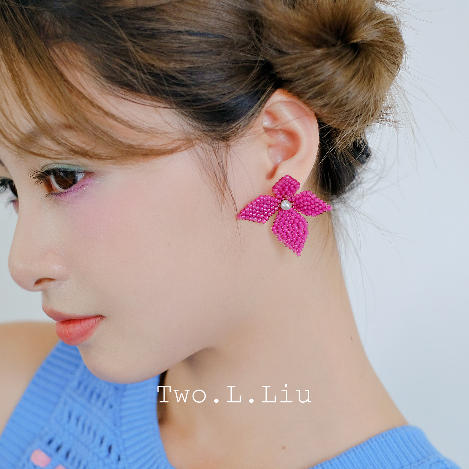 手工编织粉色女度假风耳针