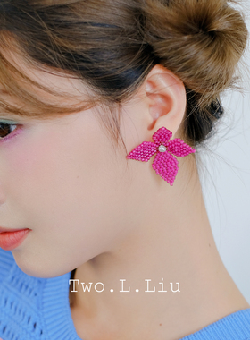 twolliu原创设计手工花朵耳环女粉色复古个性度假风编织耳针耳饰