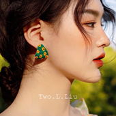Two.L.Liu 花朵耳环女春夏小花清新绿色小众设计气质手工编织耳圈