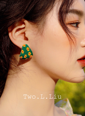 Two.L.Liu 花朵耳环女春夏小花清新绿色小众设计气质手工编织耳圈