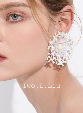 Two.L.Liu复古耳环女夸张白色花朵珍珠气质小清新款潮vintage耳夹
