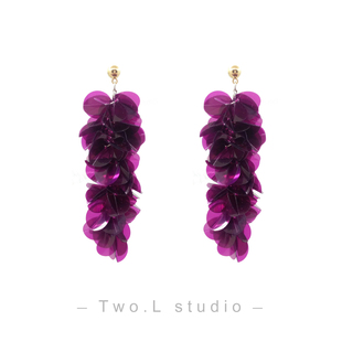 Two.L.Liu 潮流苏花瓣度假手工耳夹 葡萄紫色耳环女气质2025新款