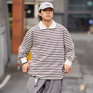 SVOLCIMA 日系街头复古宽松男女潮牌cityboy百搭条纹长袖POLO衫
