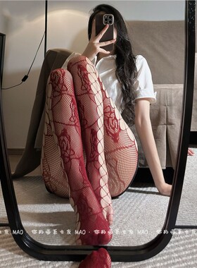 欲望玫瑰*渔网袜女红色侧面网格玫瑰提花性感镂空丝袜连裤袜黑丝