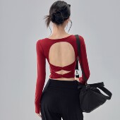 新年红美背瑜伽服长袖 带胸垫显瘦普拉提运动上衣外穿跑步训练健身