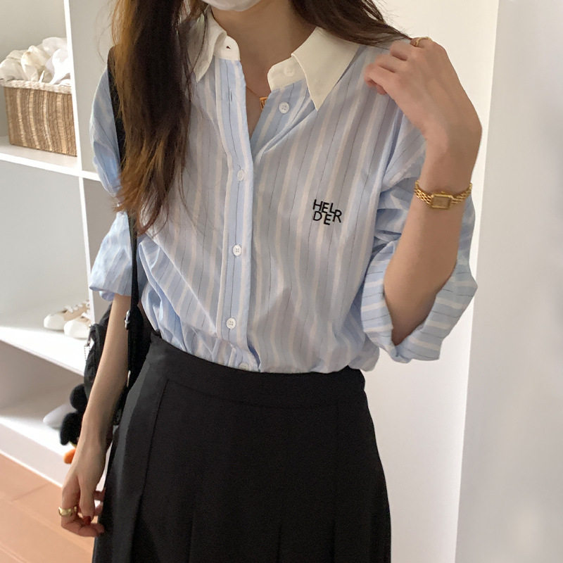 薇颂 十三行新品刺绣条纹衬衫女秋季韩版休闲宽松百搭衬衣上衣