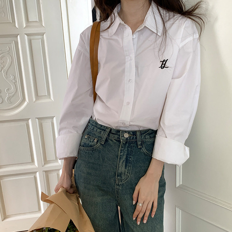 【秋天的多巴胺】字母刺绣长袖衬衫女薇颂秋季高级感蓝色衬衣上衣