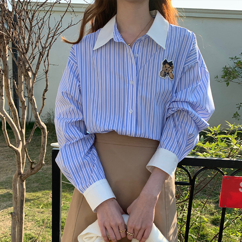 薇颂 2023年秋季新款刺绣宽松衬衫女韩版撞色小清晰条纹长袖衬衣